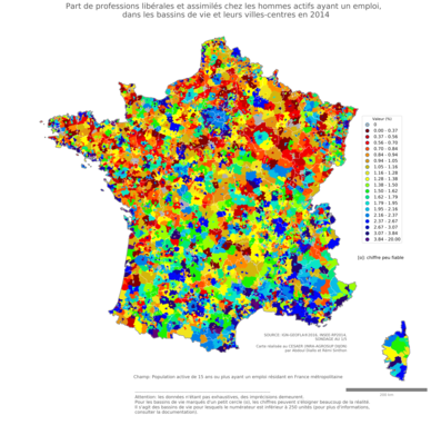 Part de professions libérales et assimilés chez les hommes actifs ayant un emploi - bv2014
Mots-clés: profession;sexe;femmes;classes supérieures;bassins de vie