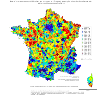 Part d'ouvriers non qualifiés chez les hommes actifs ayant un emploi - bv2014
Mots-clés: profession;sexe;femmes;classes populaires;bassins de vie