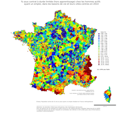 % sous contrat à durée limitée (hors apprentissage) chez les hommes actifs ayant un emploi - bv2014
Mots-clés: conditions de travail et d-emploi;sexe;hommes;classes populaires;bassins de vie