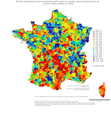 Part de techniciens chez les hommes actifs ayant un emploi - bv2014
Mots-clés: profession;sexe;femmes;bassins de vie