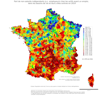 Part d'artisans, commerçants et chefs d'entreprise chez les actifs ayant un emploi - bv2014
Mots-clés: profession;sexe;femmes;fonction publique ou indépendance;bassins de vie