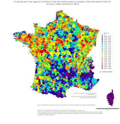 % placés par une agence d'intérim chez les actifs ayant un emploi - bv2014
Mots-clés: conditions de travail et d-emploi;classes populaires;bassins de vie