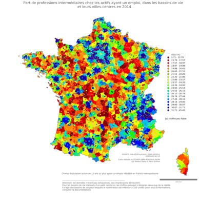 Part de professions intermédiaires chez les actifs ayant un emploi - bv2014
Mots-clés: profession;sexe;femmes;bassins de vie