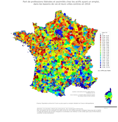 Part de professions libérales et assimilés chez les actifs ayant un emploi - bv2014
Mots-clés: profession;classes supérieures;bassins de vie