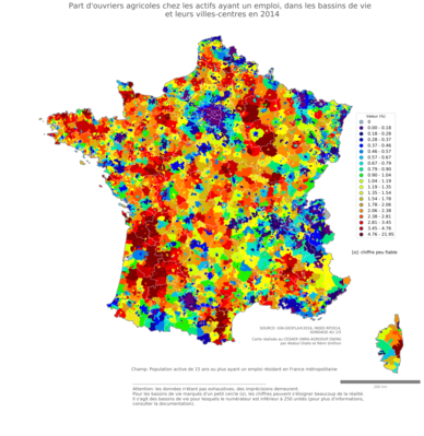 Part d'ouvriers agricoles chez les actifs ayant un emploi - bv2014
Mots-clés: profession;classes populaires;bassins de vie