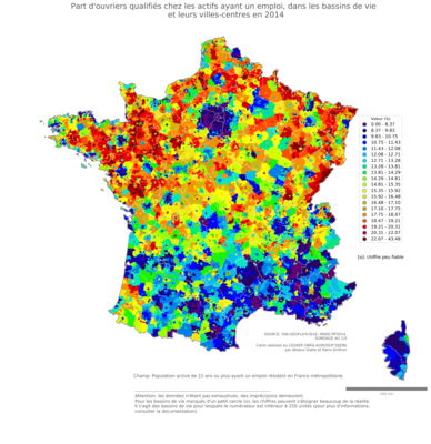 Part d'ouvriers qualifiés chez les actifs ayant un emploi - bv2014
Mots-clés: profession;classes populaires;bassins de vie