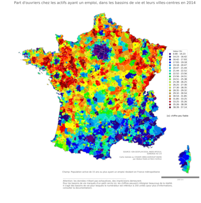 Part d'ouvriers chez les actifs ayant un emploi - bv2014
Mots-clés: profession;sexe;femmes;classes populaires;bassins de vie