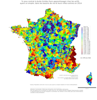 % sous contrat à durée limitée (hors apprentissage) chez les actifs ayant un emploi - bv2014
Mots-clés: conditions de travail et d-emploi;classes populaires;bassins de vie