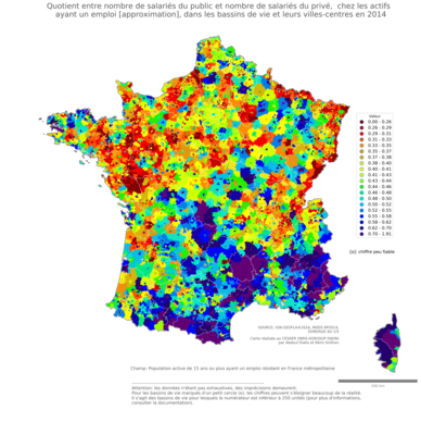 Quotient entre nombre de salariés du public et nombre de salariés du privé,  chez les actifs ayant un emploi [approximation] - bv2014
Mots-clés: profession;sexe;femmes;fonction publique ou indépendance;bassins de vie