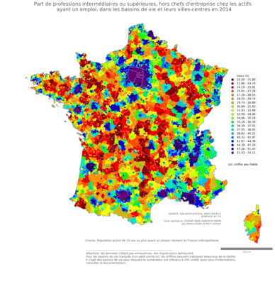 Part de professions intermédiaires ou supérieures, hors chefs d'entreprise chez les actifs ayant un emploi - bv2014
Mots-clés: profession;sexe;femmes;classes supérieures;bassins de vie