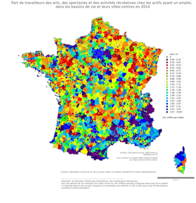 Part de travailleurs des arts, des spectacles et des activités récréatives chez les actifs ayant un emploi - bv2014
Mots-clés: secteur d-activité;bassins de vie