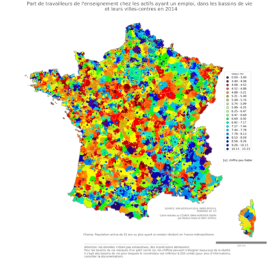 Part de travailleurs de l'enseignement chez les actifs ayant un emploi - bv2014
Mots-clés: secteur d-activité;fonction publique ou indépendance;bassins de vie