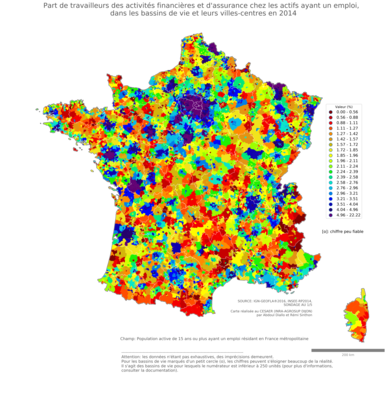 Part de travailleurs des activités financières et d'assurance chez les actifs ayant un emploi - bv2014
Mots-clés: secteur d-activité;bassins de vie