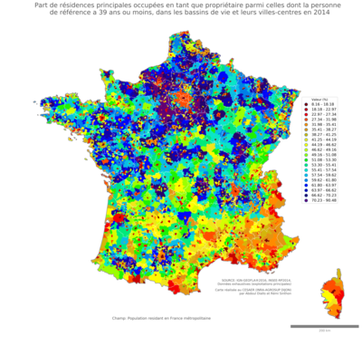 Part de résidences principales occupées en tant que propriétaire parmi celles dont la personne de référence a 39 ans ou moins - bv2014
Mots-clés: résidence et logement;profession;conditions d-existence;bassins de vie