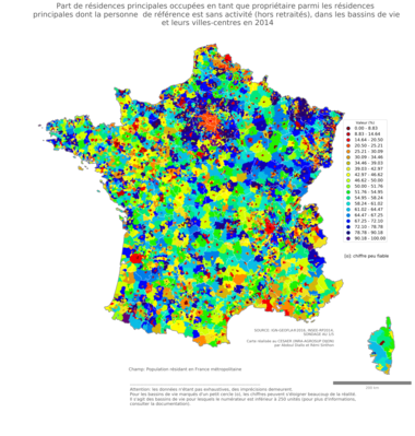 Part de résidences principales occupées en tant que propriétaire parmi les résidences principales dont la personne de référence est sans activité (hors retraités) - bv2014
Mots-clés: résidence et logement;chômage;conditions d-existence;classes populaires;bassins de vie