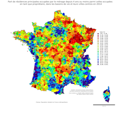 Part de résidences principales occupées par le ménage depuis 4 ans ou moins parmi celles occupées en tant que propriétaire - bv2014
Mots-clés: résidence et logement;conditions d-existence;bassins de vie