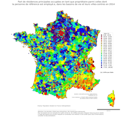 Part de résidences principales occupées en tant que propriétaire parmi celles dont la personne de référence est employé.e - bv2014
Mots-clés: résidence et logement;profession;conditions d-existence;classes populaires;bassins de vie