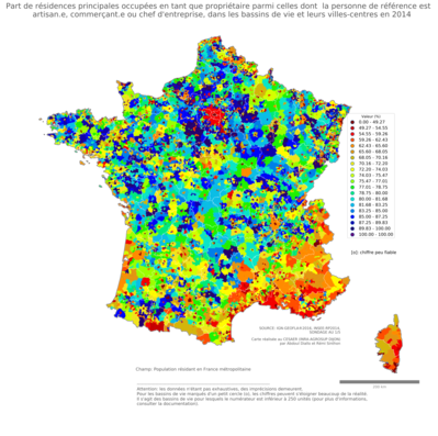 Part de résidences principales occupées en tant que propriétaire parmi celles dont la personne de référence est artisan.e, commerçant.e ou chef d'entreprise - bv2014
Mots-clés: résidence et logement;profession;conditions d-existence;fonction publique ou indépendance;bassins de vie