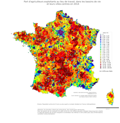 Part d'agriculteurs exploitants au lieu de travail - bv2014
Mots-clés: profession;lieu de travail;fonction publique ou indépendance;bassins de vie