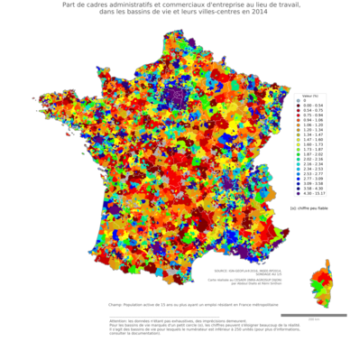 Part de cadres administratifs et commerciaux d'entreprise au lieu de travail - bv2014
Mots-clés: profession;lieu de travail;classes supérieures;bassins de vie