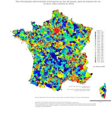 Part d'employés administratifs d'entreprise au lieu de travail - bv2014
Mots-clés: profession;lieu de travail;classes populaires;bassins de vie