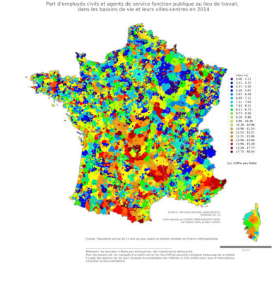 Part d'employés civils et agents de service fonction publique au lieu de travail - bv2014
Mots-clés: profession;lieu de travail;classes populaires;fonction publique ou indépendance;bassins de vie