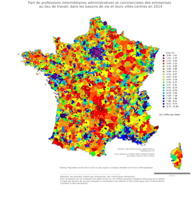 Part de professions intermédiaires administratives et commerciales des entreprises au lieu de travail - bv2014
Mots-clés: profession;lieu de travail;bassins de vie