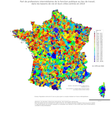 Part de professions intermédiaires de la fonction publique au lieu de travail - bv2014
Mots-clés: profession;lieu de travail;fonction publique ou indépendance;bassins de vie