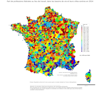 Part de professions libérales au lieu de travail - bv2014
Mots-clés: profession;lieu de travail;classes supérieures;bassins de vie