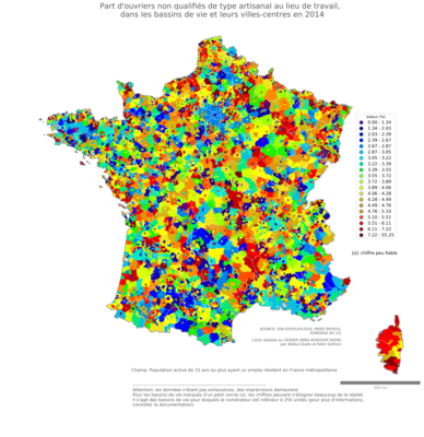 Part d'ouvriers non qualifiés de type artisanal au lieu de travail - bv2014
Mots-clés: profession;lieu de travail;classes populaires;bassins de vie