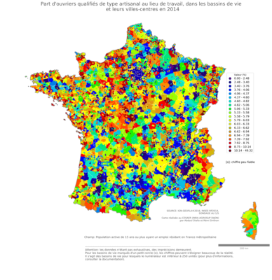 Part d'ouvriers qualifiés de type artisanal au lieu de travail - bv2014
Mots-clés: profession;lieu de travail;classes populaires;bassins de vie