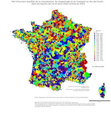 Part d'ouvriers qualifiés de la manutention, du magasinage et du transport au lieu de travail - bv2014
Mots-clés: profession;lieu de travail;classes populaires;bassins de vie