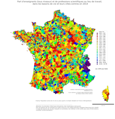 Part d'enseignants (tous niveaux) et de professions scientifiques au lieu de travail - bv2014
Mots-clés: profession;lieu de travail;classes supérieures;bassins de vie