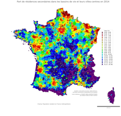 Part de résidences secondaires - bv2014
Mots-clés: résidence et logement;conditions d-existence;classes supérieures;revenus et patrimoine;bassins de vie