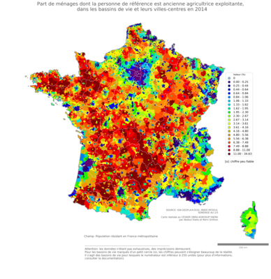 Part de ménages dont la personne de référence est ancienne agricultrice exploitante - bv2014
Mots-clés: profession;âge;fonction publique ou indépendance;bassins de vie