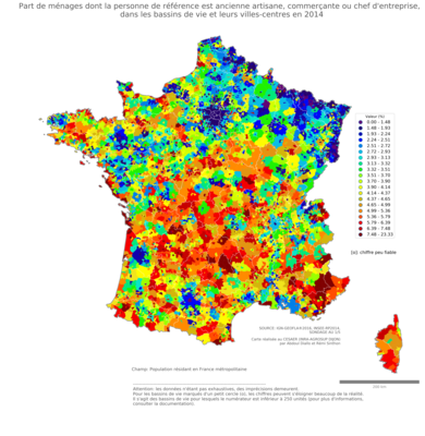 Part de ménages dont la personne de référence est ancienne artisane, commerçante ou chef d'entreprise - bv2014
Mots-clés: profession;âge;fonction publique ou indépendance;bassins de vie