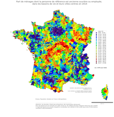 Part de ménages dont la personne de référence est ancienne ouvrière ou employée - bv2014
Mots-clés: profession;âge;classes populaires;bassins de vie