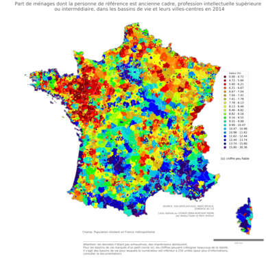 Part de ménages dont la personne de référence est ancienne cadre, profession intellectuelle supérieure ou intermédiaire - bv2014
Mots-clés: profession;âge;classes supérieures;bassins de vie