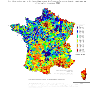 Part d'immigrées sans activité parmi l'ensemble des femmes résidentes - bv2014
Mots-clés: immigration;chômage;sexe;femmes;classes populaires;bassins de vie