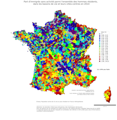 Part d'immigrés sans activité parmi l'ensemble des hommes résidents - bv2014
Mots-clés: immigration;chômage;sexe;hommes;classes populaires;bassins de vie