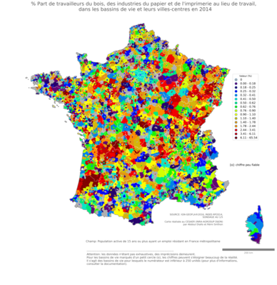 % Part de travailleurs du bois, des industries du papier et de l'imprimerie au lieu de travail - bv2014
Mots-clés: secteur d-activité;lieu de travail;bassins de vie