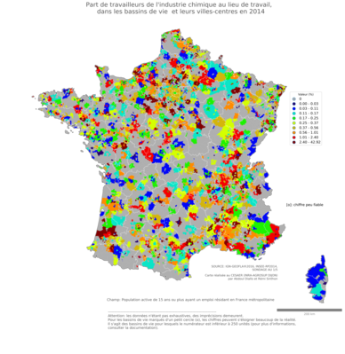 Part de travailleurs de l'industrie chimique au lieu de travail - bv2014
Mots-clés: secteur d-activité;lieu de travail;bassins de vie