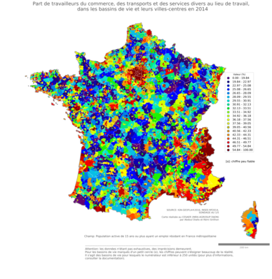 Part de travailleurs du commerce, des transports et des services divers au lieu de travail - bv2014
Mots-clés: secteur d-activité;lieu de travail;bassins de vie