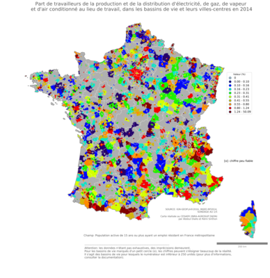 Part de travailleurs de la production et de la distribution d'électricité, de gaz, de vapeur et d'air conditionné au lieu de travail - bv2014
Mots-clés: secteur d-activité;lieu de travail;bassins de vie