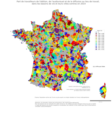 Part de travailleurs de l'édition, de l'audiovisuel et de la diffusion au lieu de travail - bv2014
Mots-clés: secteur d-activité;lieu de travail;bassins de vie