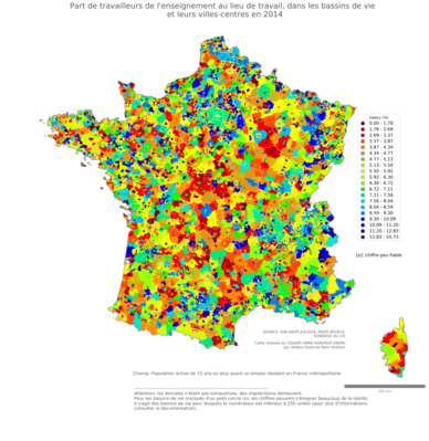 Part de travailleurs de l'enseignement au lieu de travail - bv2014
Mots-clés: secteur d-activité;lieu de travail;fonction publique ou indépendance;bassins de vie