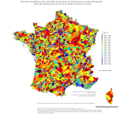 Part de travailleurs des activités financières et d'assurance au lieu de travail - bv2014
Mots-clés: secteur d-activité;lieu de travail;bassins de vie