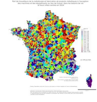 Part de travailleurs de la métallurgie et fabrication de produits métalliques à l'exception des machines et des équipements au lieu de travail - bv2014
Mots-clés: secteur d-activité;lieu de travail;bassins de vie