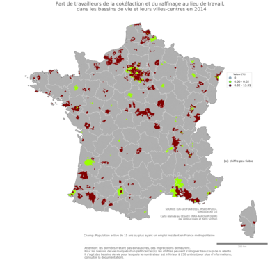 Part de travailleurs de la cokéfaction et du raffinage au lieu de travail - bv2014
Mots-clés: secteur d-activité;lieu de travail;bassins de vie