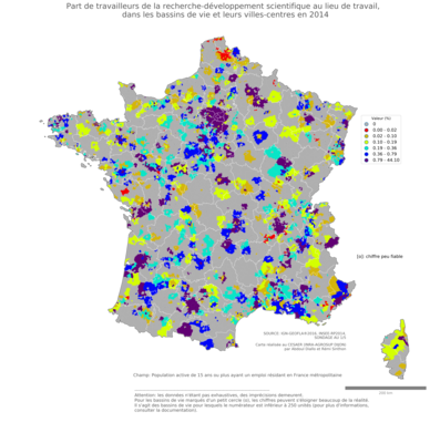 Part de travailleurs de la recherche'développement scientifique au lieu de travail - bv2014
Mots-clés: secteur d-activité;lieu de travail;bassins de vie